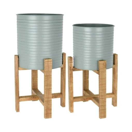 Koopman 58cm Olive Green Steel Planter With Wooden Stand -Quality Garden Care Store 8719987488375